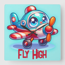 Mit Monogramm Cartoon Flugzeug blau | Quadratische Wanduhr