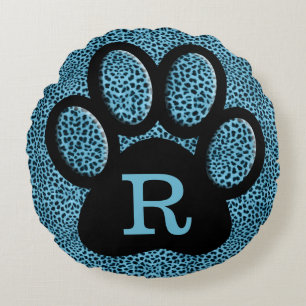 Mit Monogramm Cheetah-Druck in Blau mit Katzenpfot Rundes Kissen