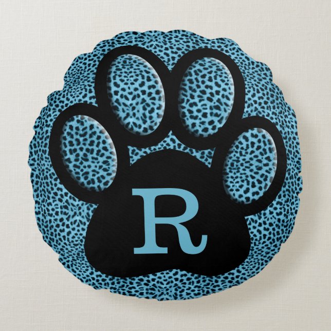 Mit Monogramm Cheetah-Druck in Blau mit Katzenpfot Rundes Kissen (Vorderseite)