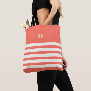 Mit Monogramm   Chic Stripes Coral Tote Bag Tasche