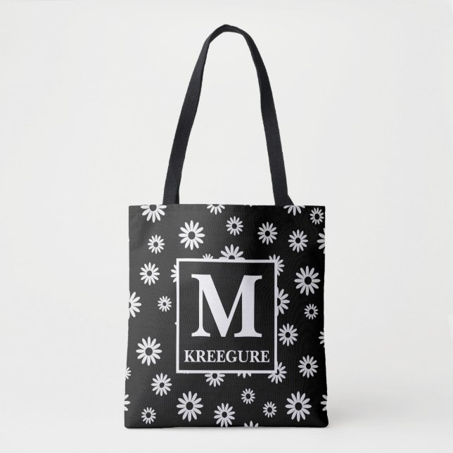 Mit Monogramm Classic Serif BW Daisies Tasche (Vorderseite)