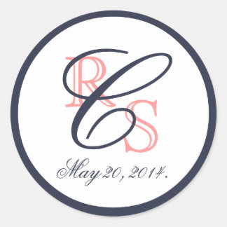 Mit Monogramm Coral Navy Blue Wedding Runder Aufkleber