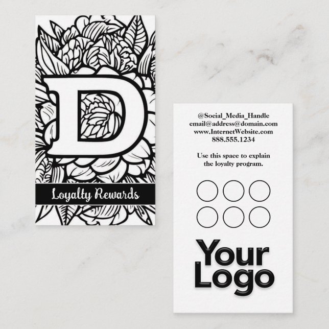 Mit Monogramm D Floral Black and White Company Log Visitenkarte (Vorne/Hinten)