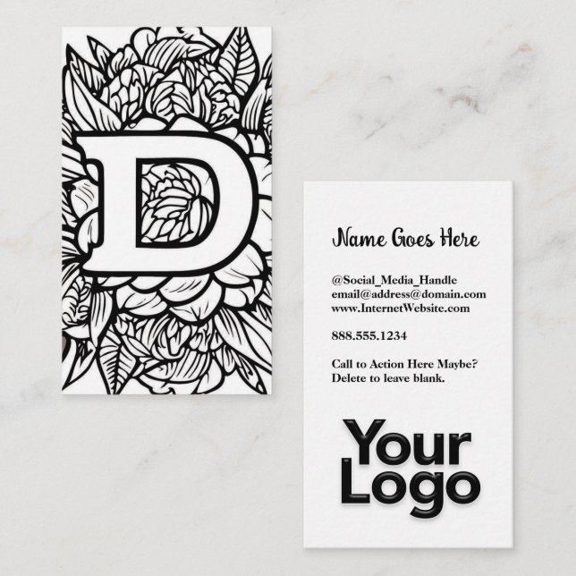 Mit Monogramm D Floral Black and White Company Log Visitenkarte (Vorne/Hinten)