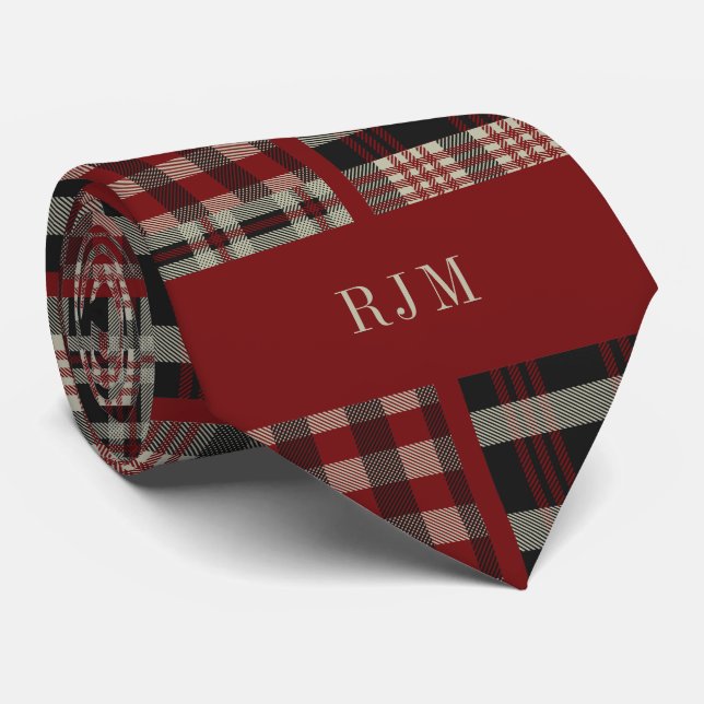 Mit Monogramm Deep Red Tartan Kariert Krawatte (Gerollt)