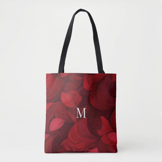 Mit Monogramm dunkelrotes Abstraktes Leaf-Muster Tasche (Vorderseite)
