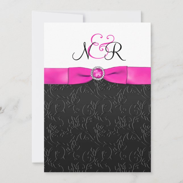 Mit Monogramm Einladung in Schwarz, Heiß-Rosa und  (Vorderseite)