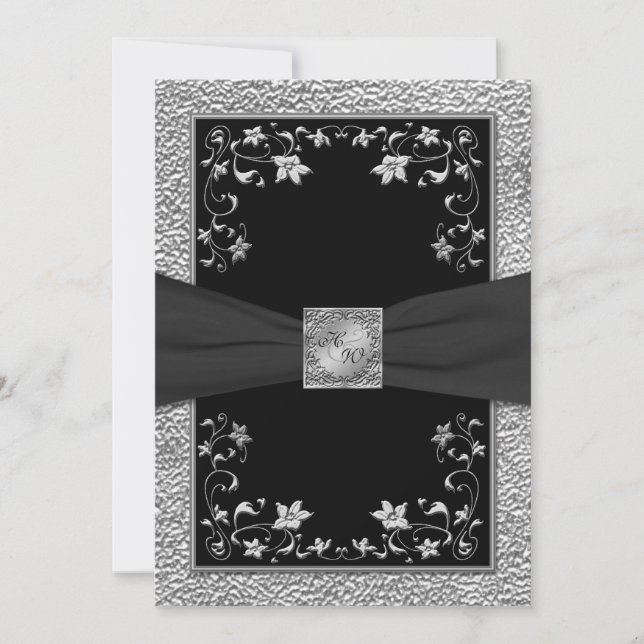 Mit Monogramm Einladung von Schwarz und Zinn (Vorderseite)