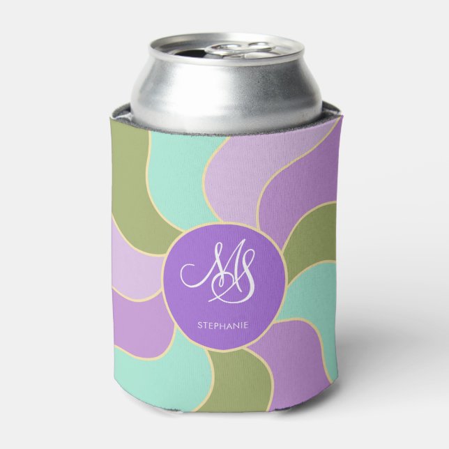 Mit Monogramm elegante Lila, grüne Retro-Sonnenwel Dosenkühler (Kanne Vorderseite)