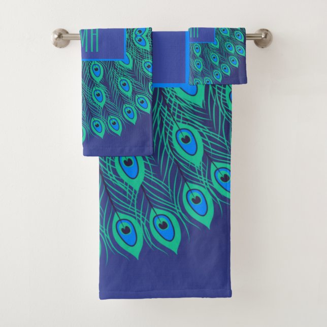 Mit Monogramm Elegante Modernes Pfauen Blau Aquama Badhandtuch Set (Insitu)