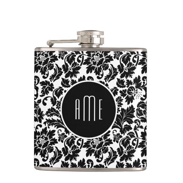 Mit Monogramm elegante schwarze Flora Damaskus Flachmann (Vorderseite)