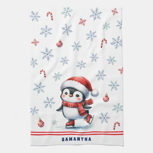 Mit Monogramm Elegante Weihnachts-Ice Skaten Pengu Geschirrtuch (Vertikal)