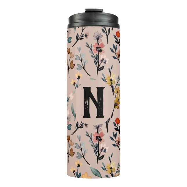 Mit Monogramm elegantes feminines Blumenmuster pin Thermosbecher (Vorderseite)