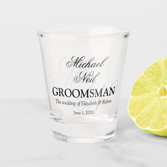 Mit Monogramm elegantes Minimalistisches Trauzeuge Schnapsglas (Vorderseite)