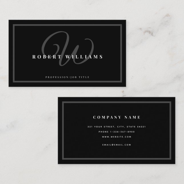 Mit Monogramm Elegantes Schwarzes Beruflich Modern Visitenkarte (Vorne/Hinten)