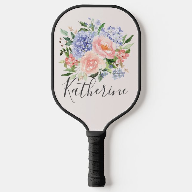 Mit Monogramm Farbe Blau Rosa Frühling Blüte Pickleball Schläger (Vorderseite)
