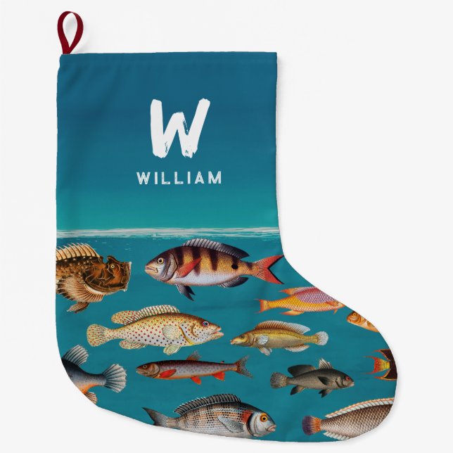 Mit Monogramm Fisch unter blauem Ozean Großer Weihnachtsstrumpf (Vorderseite)