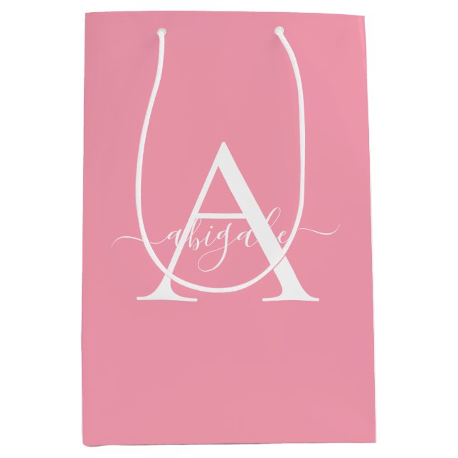 Mit Monogramm Flamingo Pink | Minimalistisches Ele Mittlere Geschenktüte (Vorderseite)