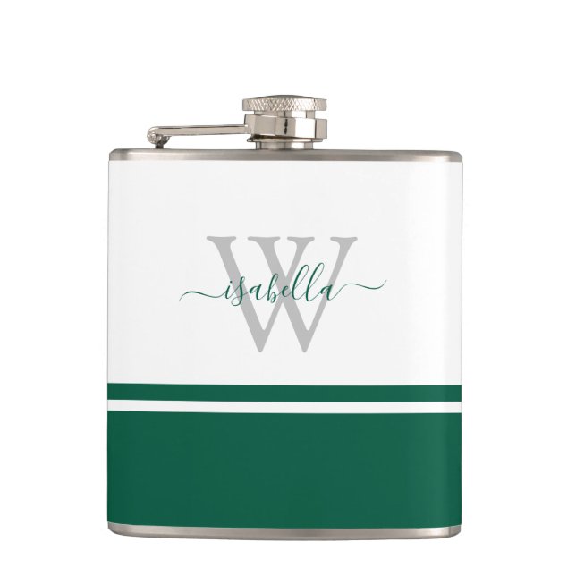 Mit Monogramm Flask Girly Modernes Script Emerald Flachmann (Vorderseite)