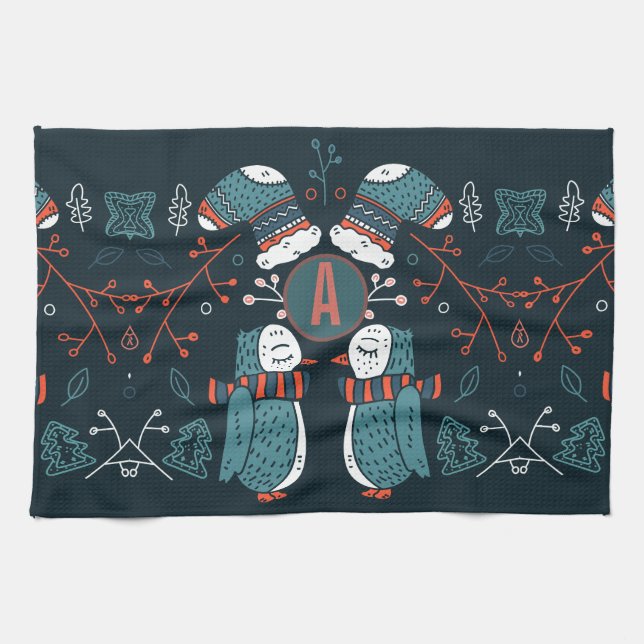 Mit Monogramm Folk Art Weihnachten Geschirrtuch (Horizontal)