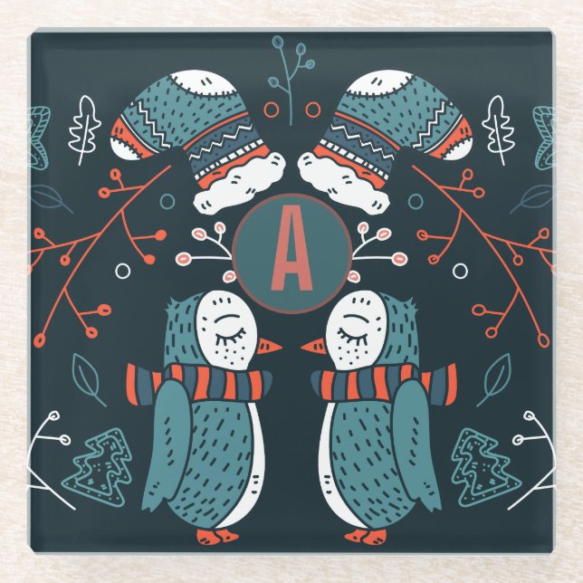 Mit Monogramm Folk Art Weihnachten Glasuntersetzer (Vorderseite)