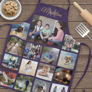Mit Monogramm Foto Collage Grid Muster Lila Gold Schürze