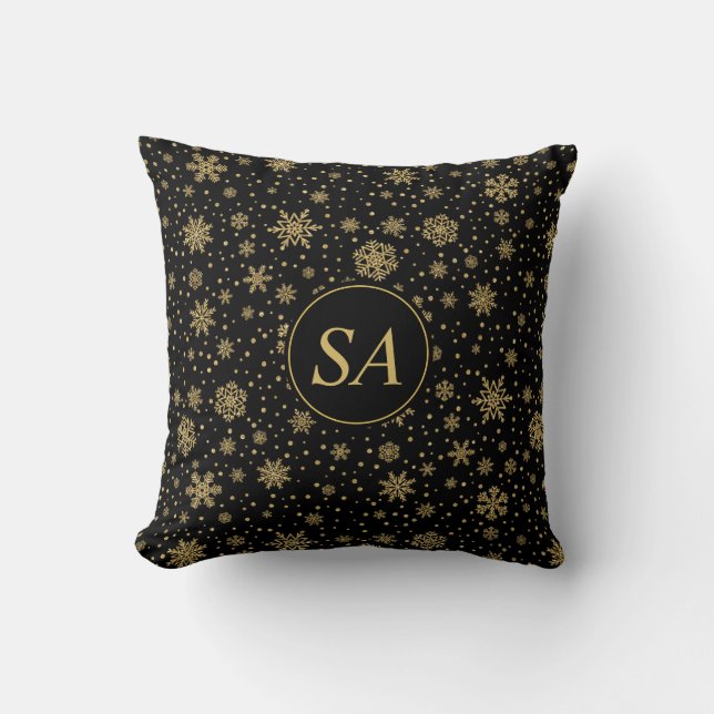 Mit Monogramm frohe Weihnachten Goldene Schneefloc Kissen (Vorderseite)
