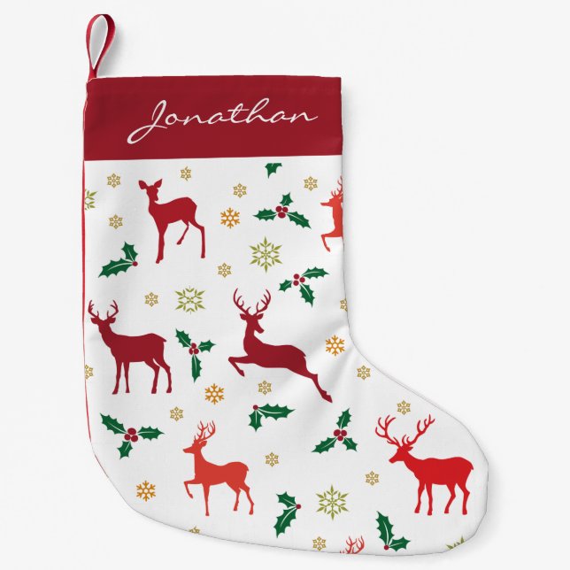 Mit Monogramm frohe Weihnachten Holly Reindeer Hol Kleiner Weihnachtsstrumpf (Vorderseite)