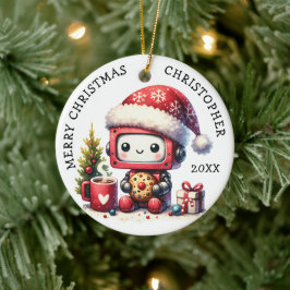 Mit Monogramm Frohe Weihnachten Niedlicher Roboter Keramik Ornament