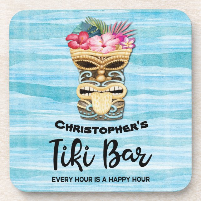 Mit Monogramm Funny Beach Tiki Bar Party Getränkeuntersetzer (Vorderseite)