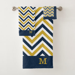 Mit Monogramm-Gelb-Blau-Zickzack Muster Badhandtuch Set
