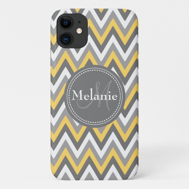 Mit Monogramm Gelb- und Graumuster Zickzack Case-Mate iPhone Hülle (Rückseite)