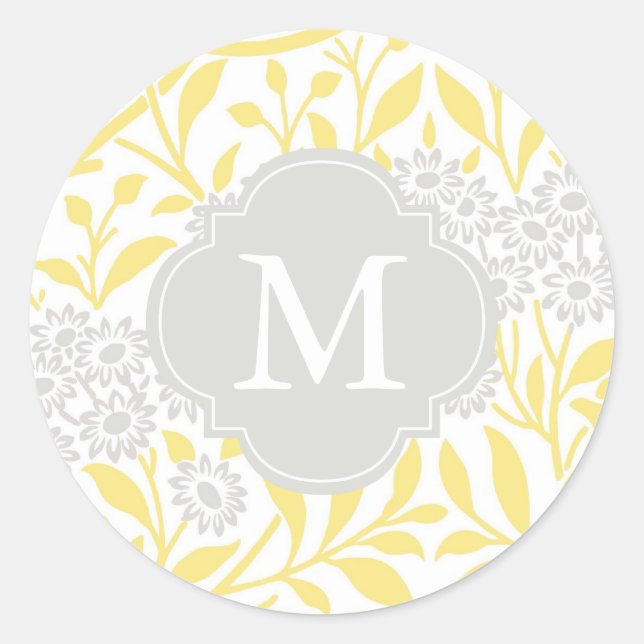 Mit Monogramm-gelbes, florales Damastmuster Runder Aufkleber (Vorderseite)