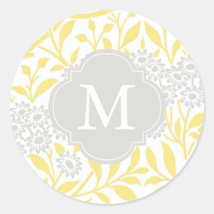 Mit Monogramm gelbes graues Blumendamast-Muster Runder Aufkleber