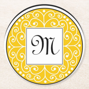 Mit Monogramm gelbes Schwarz-weißes Wirbels-Muster Runder Pappuntersetzer