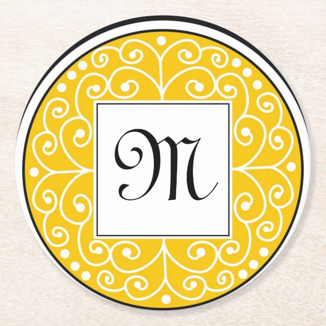 Mit Monogramm gelbes Schwarz-weißes Wirbels-Muster Runder Pappuntersetzer (Vorderseite)