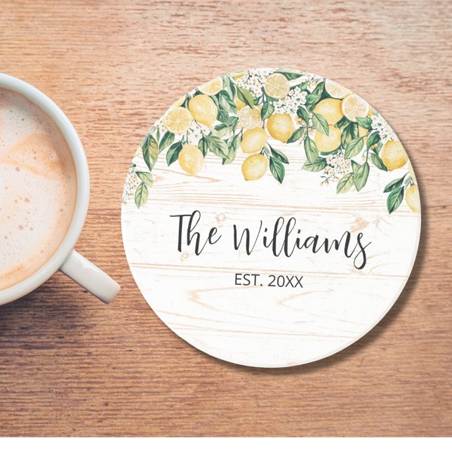 Mit Monogramm Gelbes Zitronenbaum Weißes Holz Getränkeuntersetzer (In situ)