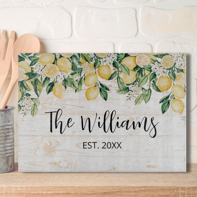 Mit Monogramm Gelbes Zitronenbaum Weißes Holz Schneidebrett (In situ)