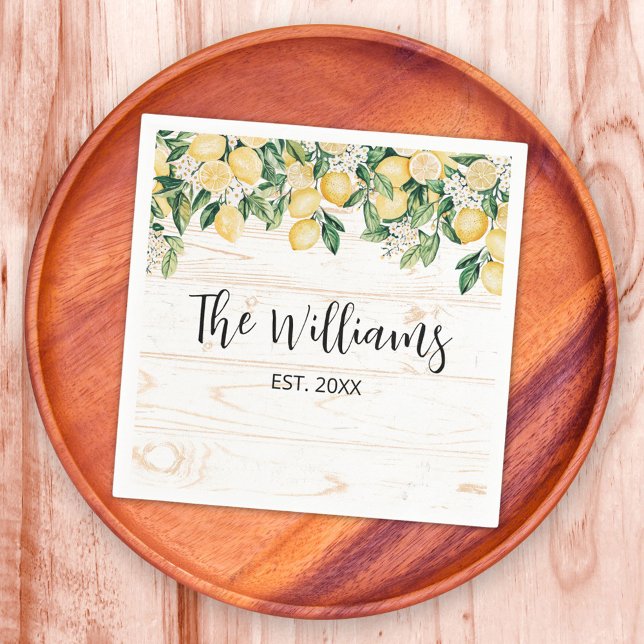 Mit Monogramm Gelbes Zitronenbaum Weißes Holz Serviette (In situ)