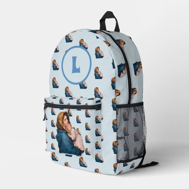 Mit Monogramm gesegnete Jungfrau Mary Blue Diaper  Bedruckter Rucksack (Rückseitige Ecke Rechts)