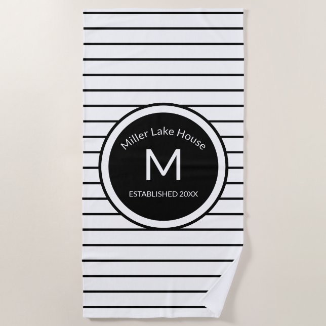 Mit Monogramm gestreiftes Schwarzweiss-Badetuch Strandtuch (Vorderseite)