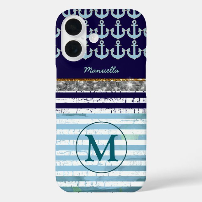 Mit Monogramm Girlstreifen iPhone 16 Hülle (Rückseite)