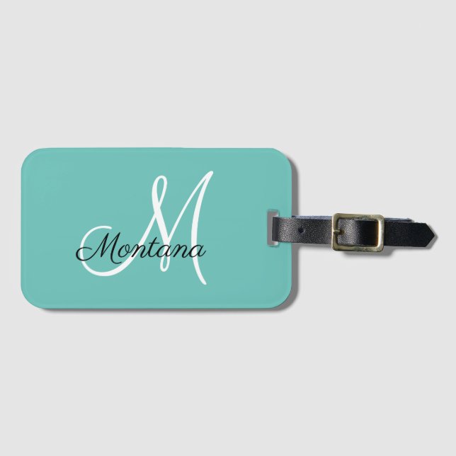 mit Monogramm Girly Elegante Einfache Aquamarine R Gepäckanhänger (Vorderseite (Horizontal))
