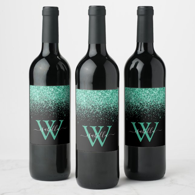 Mit Monogramm Glitzer für Schwarze Minze Weinetikett (Flaschen)