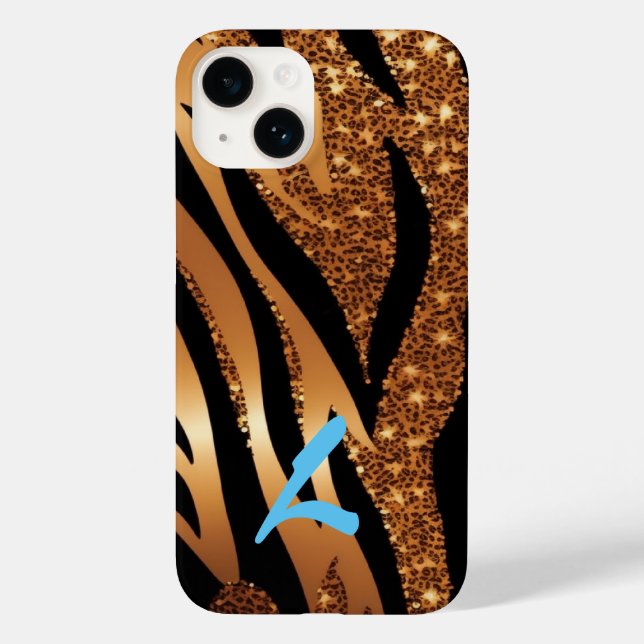 Mit Monogramm Gold Agate Tiger Leopard Glitzer Case-Mate iPhone 14 Hülle (Rückseite)