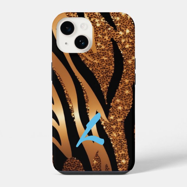 Mit Monogramm Gold Agate Tiger Leopard Glitzer iPhone 14 Hülle (Rückseite)