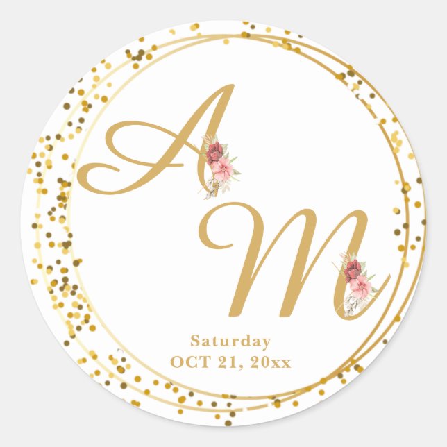 Mit Monogramm Gold Blume Minimal Weiß Runder Aufkleber (Vorderseite)