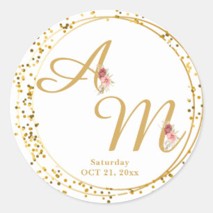 Mit Monogramm Gold Blume Minimal Weiß Runder Aufkleber