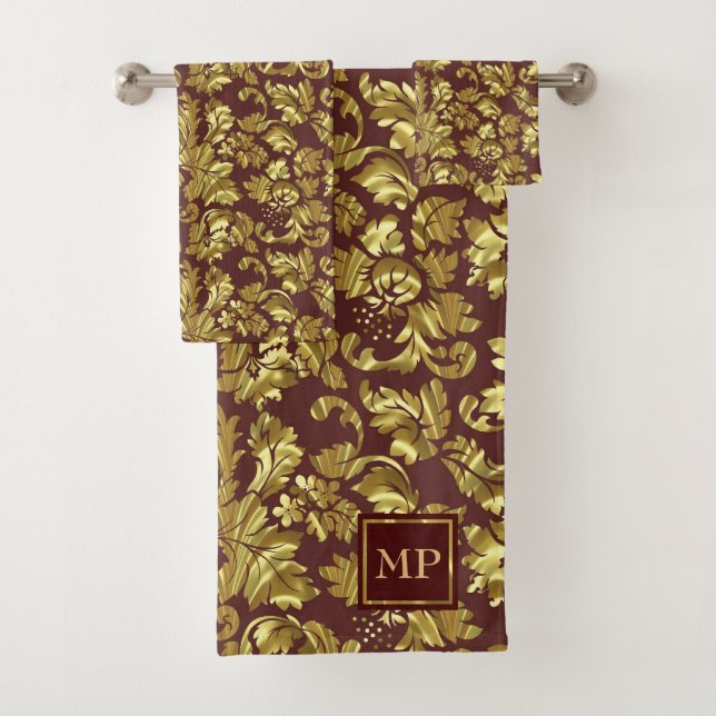 Mit Monogramm Gold Floral Damask Badhandtuch Set (Insitu)