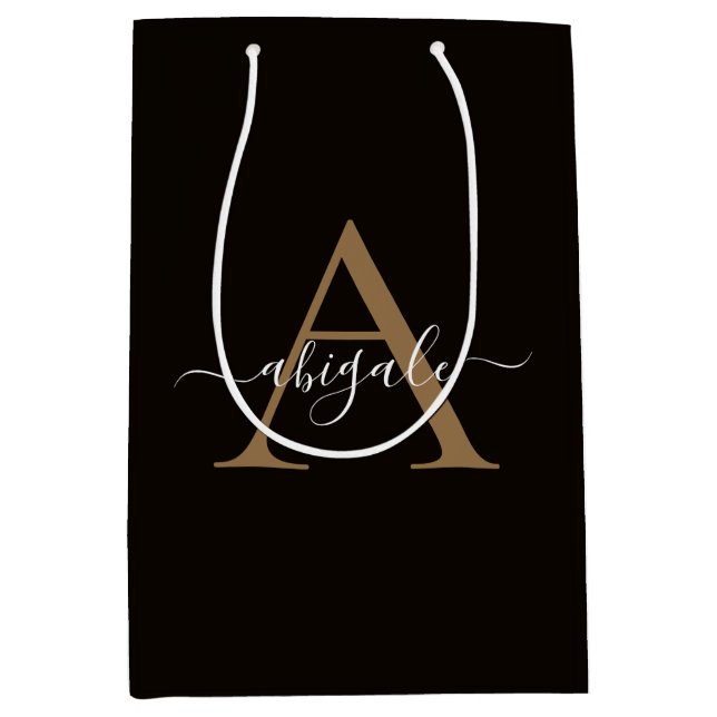 Mit Monogramm Gold Leather Black | Minimal Elegant Mittlere Geschenktüte (Vorderseite)
